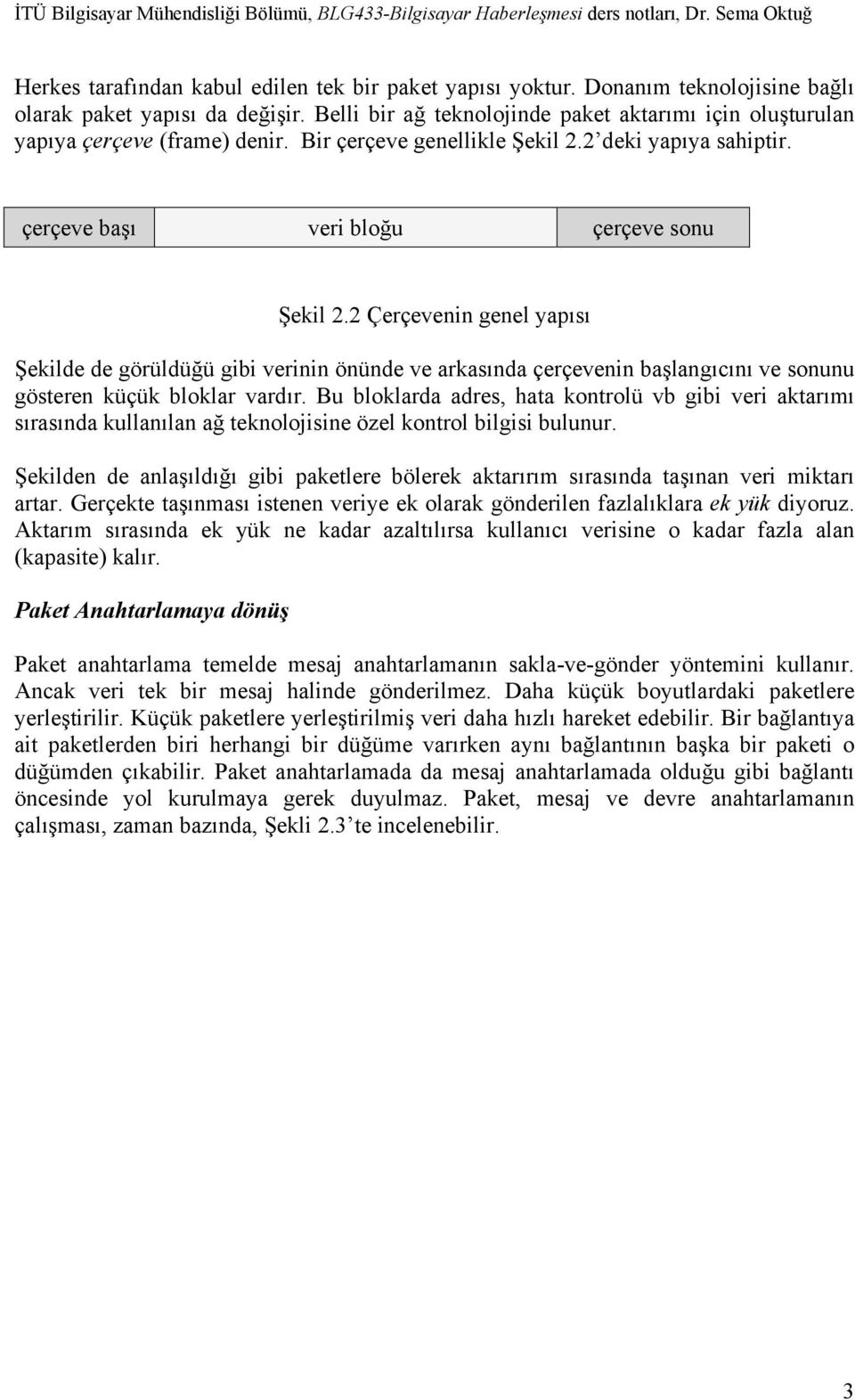 2 Çerçevenin genel yapısı Şekilde de görüldüğü gibi verinin önünde ve arkasında çerçevenin başlangıcını ve sonunu gösteren küçük bloklar vardır.