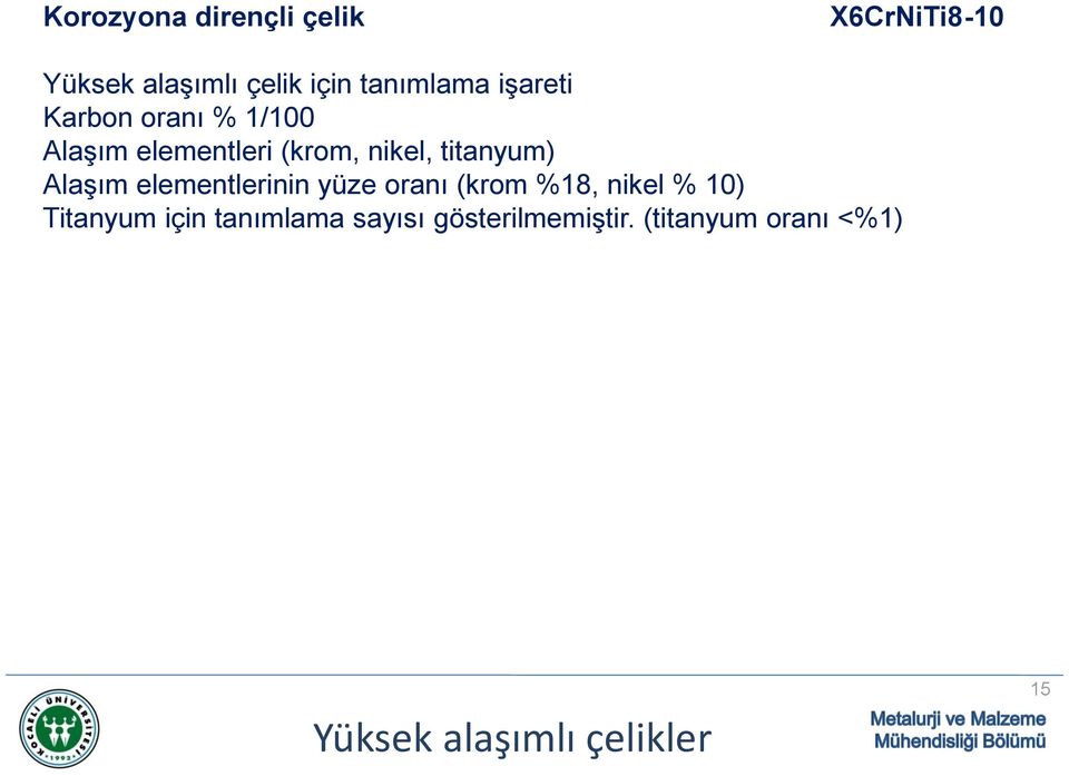 Alaşım elementlerinin yüze oranı (krom %18, nikel % 10) Titanyum için