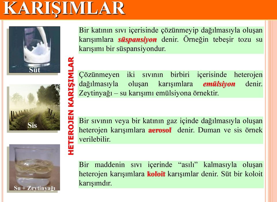 Süt Çözünmeyen iki sıvının birbiri içerisinde heterojen dağılmasıyla oluşan karışımlara emülsiyon denir. Zeytinyağı su karışımı emülsiyona örnektir.