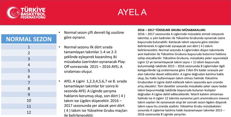 AYEL A Ligini 1,2,3,4,5,6,7 ve 8. sırada tamamlayan takımlar bir sonra ki sezonda AYEL A Liginde yarışma haklarını korumuş olup, son dört ( 4 ) takım ise Ligden düşecektir.