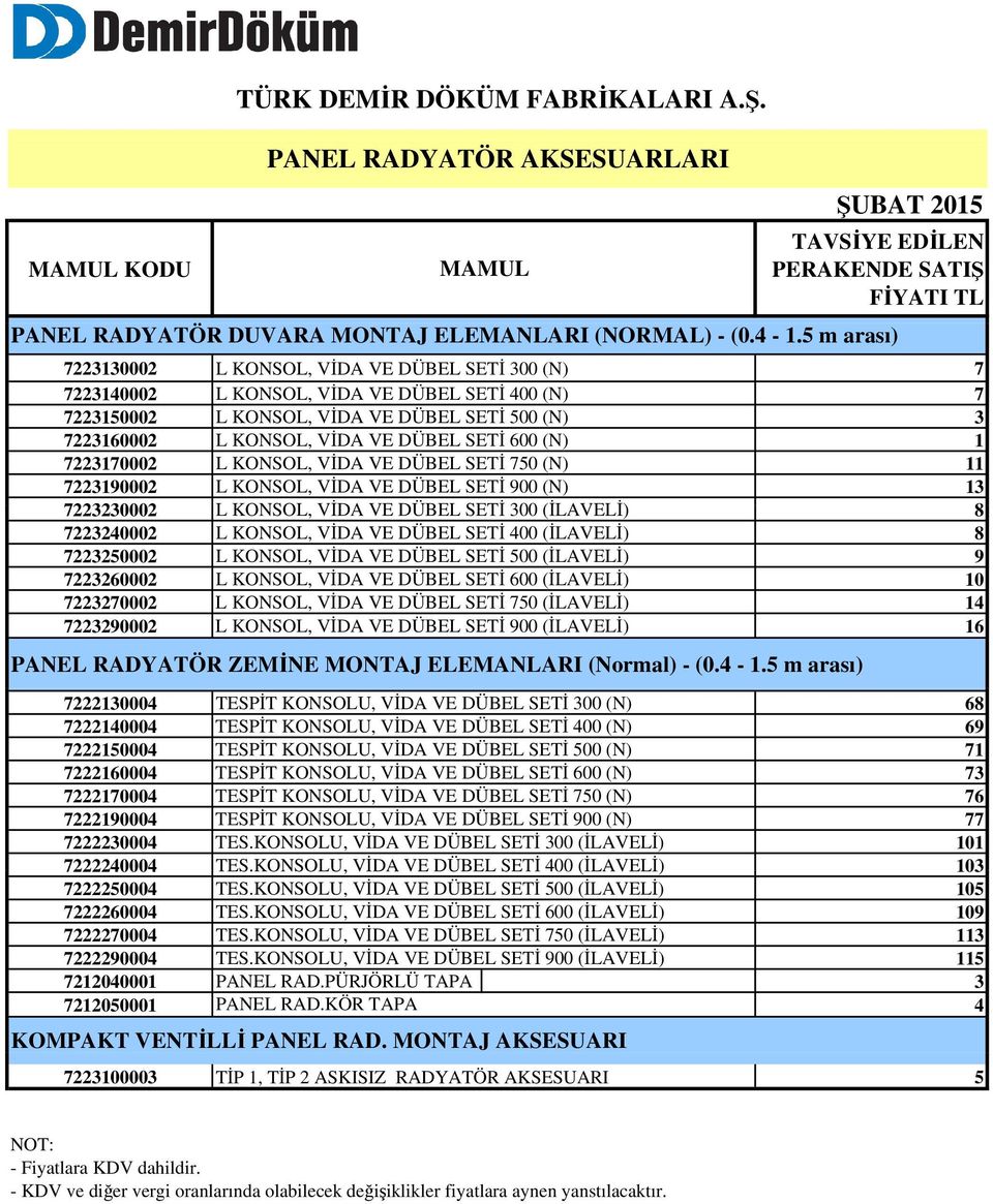 (N) 737000 L KONSOL, VİDA VE DÜBEL SETİ 750 (N) 739000 L KONSOL, VİDA VE DÜBEL SETİ 900 (N) 3 733000 L KONSOL, VİDA VE DÜBEL SETİ 300 (İLAVELİ) 8 734000 L KONSOL, VİDA VE DÜBEL SETİ 400 (İLAVELİ) 8