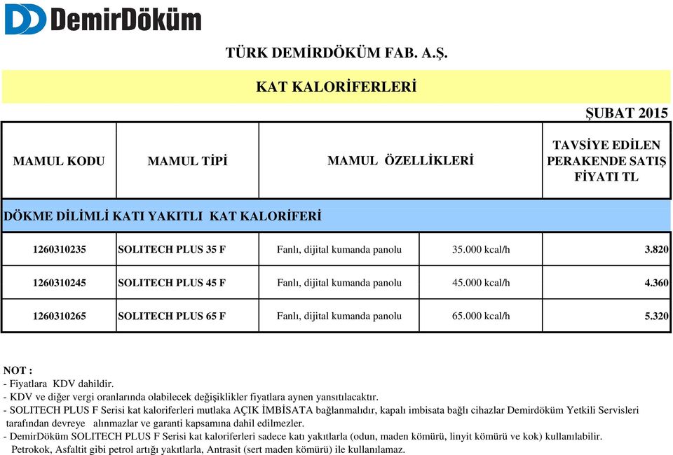 30 NOT : - SOLITECH PLUS F Serisi kat kaloriferleri mutlaka AÇIK İMBİSATA bağlanmalıdır, kapalı imbisata bağlı cihazlar Demirdöküm Yetkili Servisleri tarafından devreye alınmazlar ve garanti