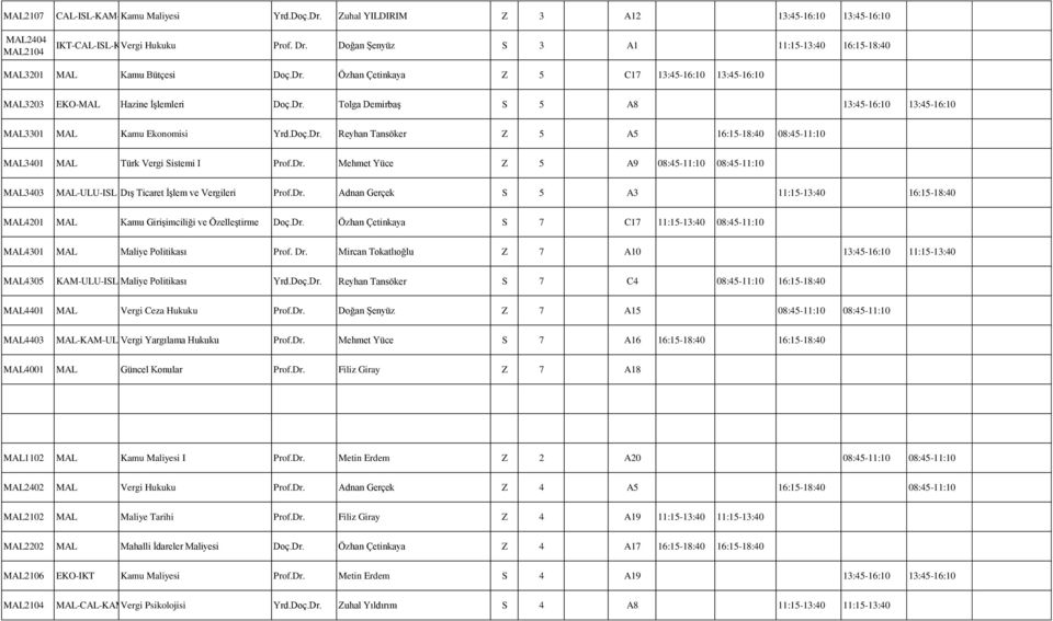 Doç.Dr. Reyhan Tansöker Z 5 A5 16:15-18:40 08:45-11:10 MAL3401 MAL Türk Vergi Sistemi I Prof.Dr. Mehmet Yüce Z 5 A9 08:45-11:10 08:45-11:10 MAL3403 MAL-ULU-ISL Dış Ticaret İşlem ve Vergileri Prof.Dr. Adnan Gerçek S 5 A3 11:15-13:40 16:15-18:40 MAL4201 MAL Kamu Girişimciliği ve Özelleştirme Doç.