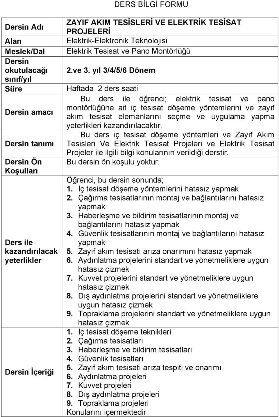 yıl 3/4/5/6 Dönem Haftada 2 ders saati Bu ders ile öğrenci; elektrik tesisat ve pano montörlüğüne ait iç tesisat döşeme yöntemlerini ve zayıf akım tesisat elemanlarını seçme ve uygulama yapma