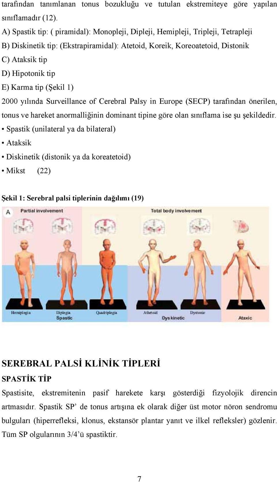 Karma tip (Şekil 1) 2000 yılında Surveillance of Cerebral Palsy in Europe (SECP) tarafından önerilen, tonus ve hareket anormalliğinin dominant tipine göre olan sınıflama ise şu şekildedir.