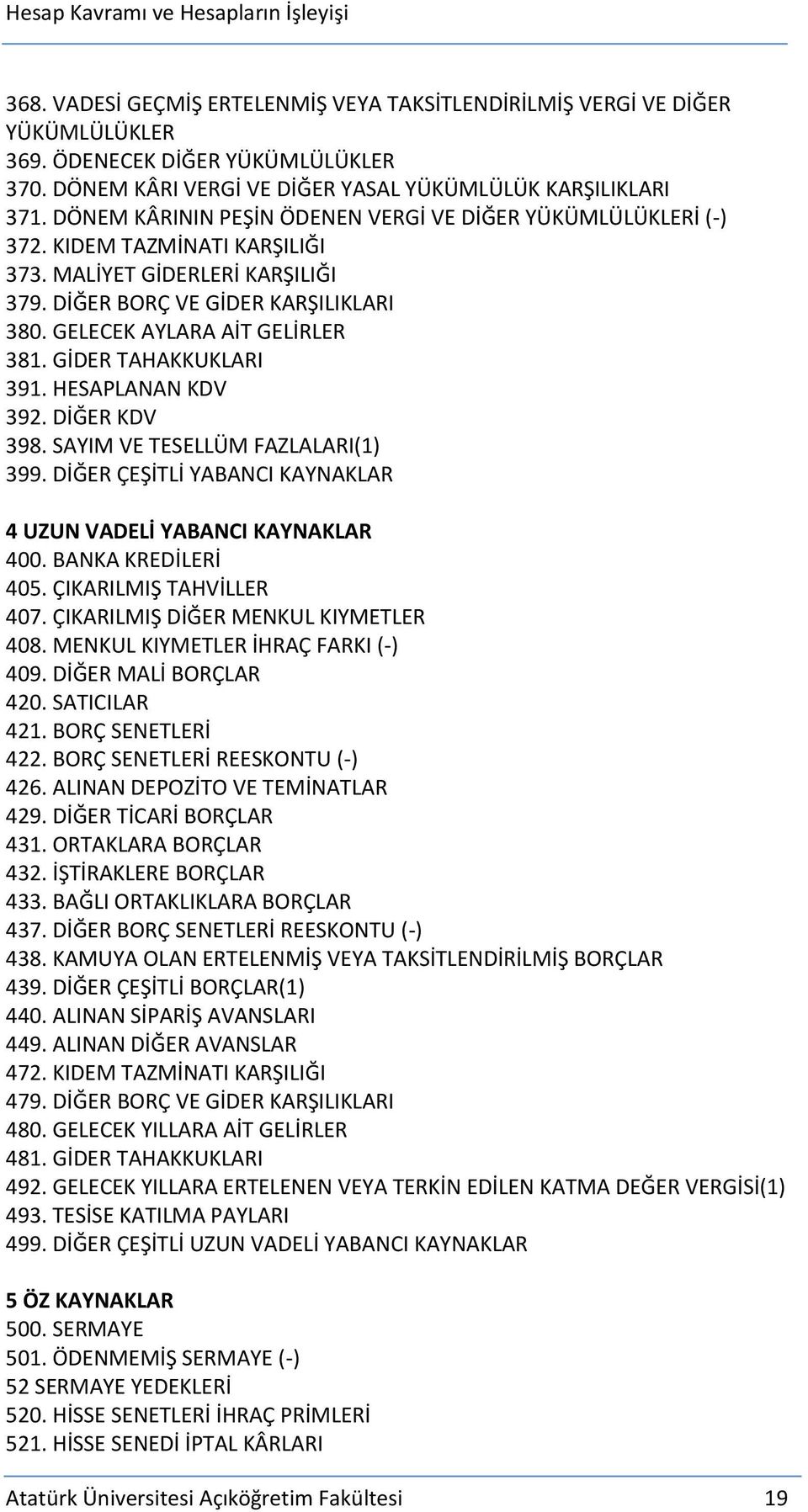 GİDER TAHAKKUKLARI 391. HESAPLANAN KDV 392. DİĞER KDV 398. SAYIM VE TESELLÜM FAZLALARI(1) 399. DİĞER ÇEŞİTLİ YABANCI KAYNAKLAR 4 UZUN VADELİ YABANCI KAYNAKLAR 400. BANKA KREDİLERİ 405.