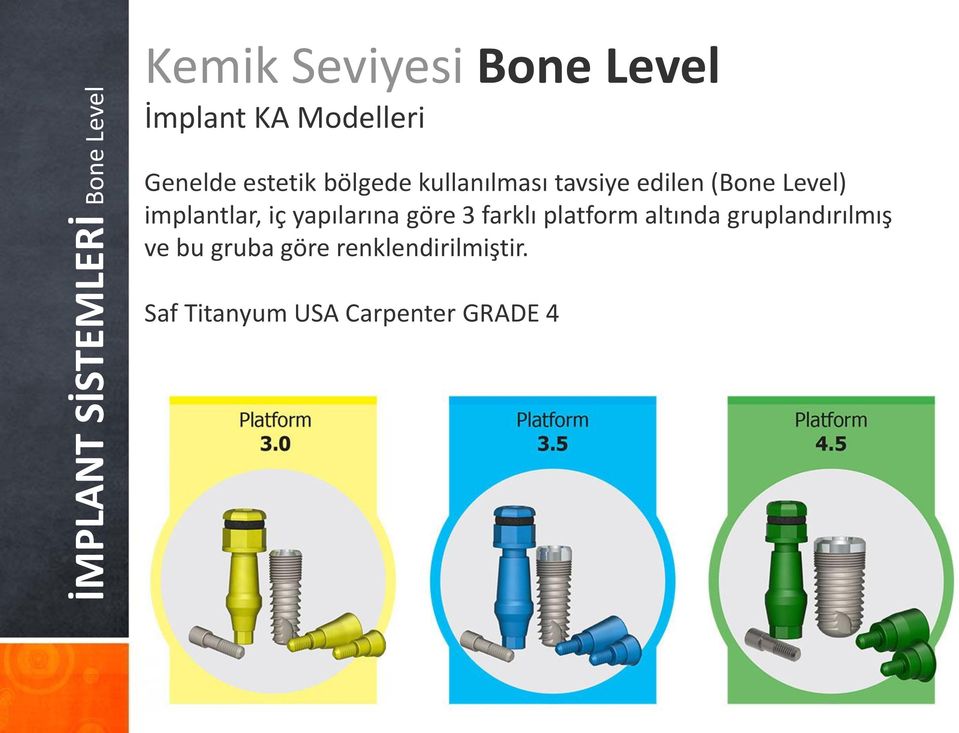 Level) implantlar, iç yapılarına göre 3 farklı platform altında