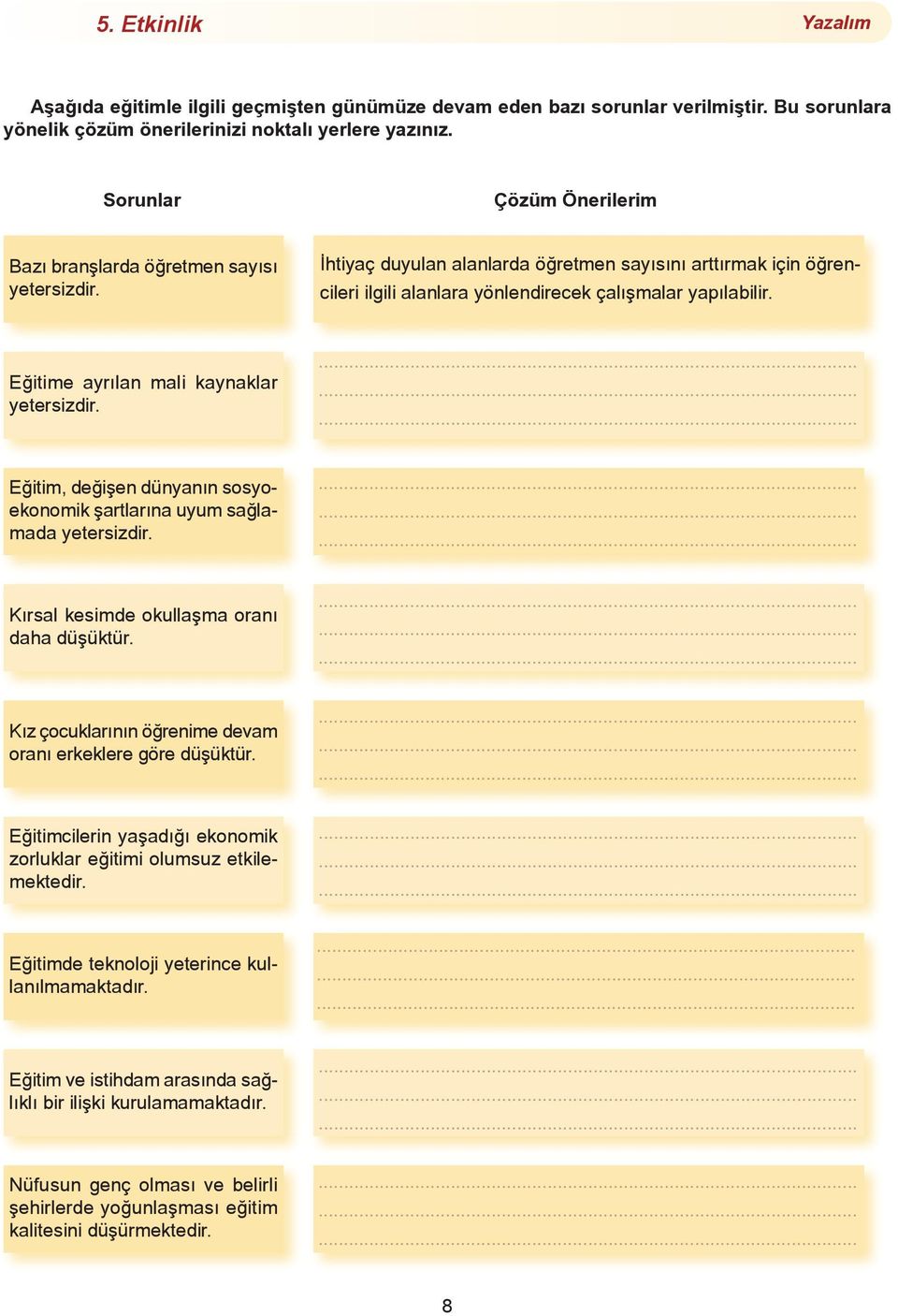 Eğitime ayrılan mali kaynaklar yetersizdir.......... Eğitim, değişen dünyanın sosyoekonomik şartlarına uyum sağlamada yetersizdir.......... Kırsal kesimde okullaşma oranı daha düşüktür.