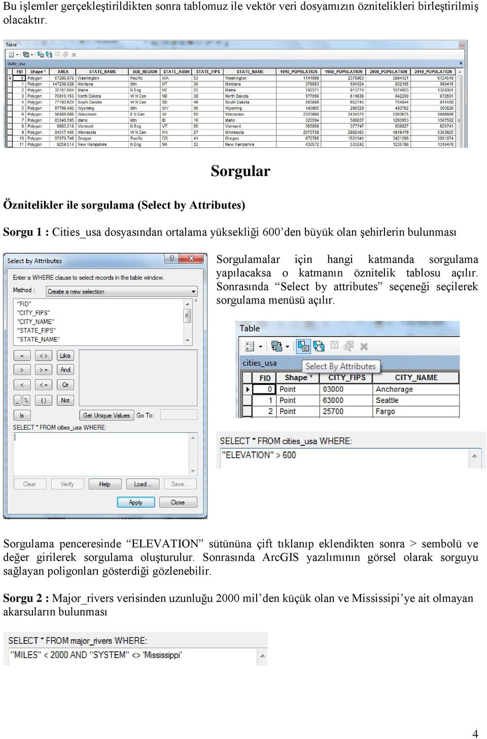 yapılacaksa o katmanın öznitelik tablosu açılır. Sonrasında Select by attributes seçeneği seçilerek sorgulama menüsü açılır.