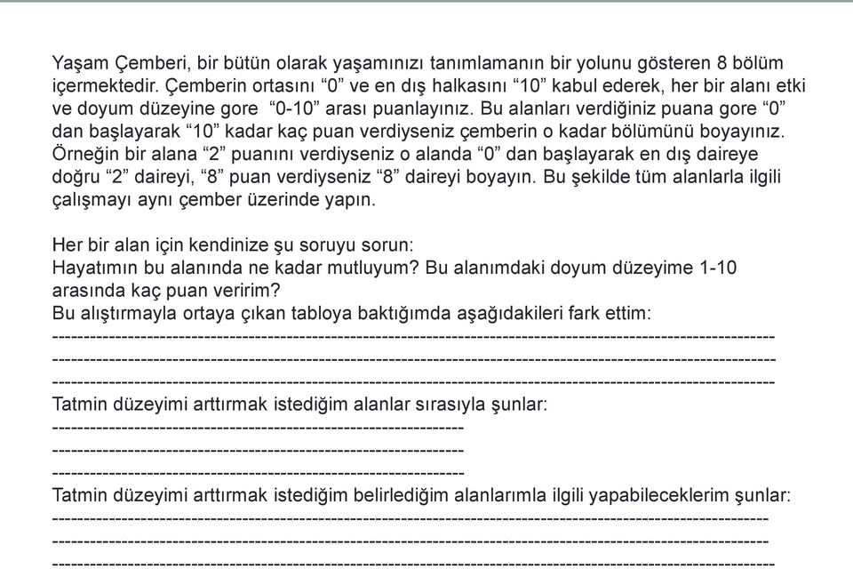 Bu alanları verdiğiniz puana gore 0 dan başlayarak 10 kadar kaç puan verdiyseniz çemberin o kadar bölümünü boyayınız.