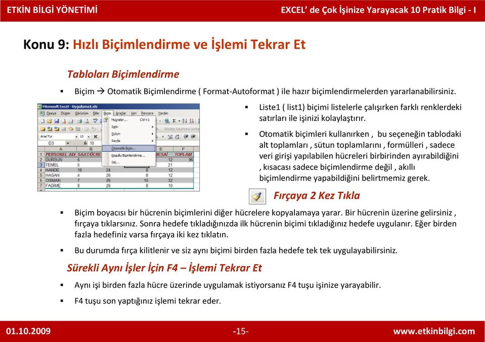 Otomatik biçimleri kullanırken, bu seçeneğin tablodaki alt toplamları, sütun toplamlarını, formülleri, sadece veri girişi yapılabilen hücreleri birbirinden ayırabildiğini, kısacası sadece