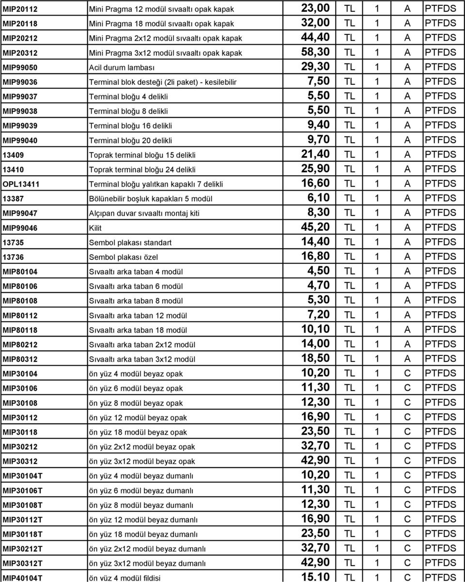 PTFDS MIP99037 Terminal bloğu 4 delikli 5,50 TL 1 A PTFDS MIP99038 Terminal bloğu 8 delikli 5,50 TL 1 A PTFDS MIP99039 Terminal bloğu 16 delikli 9,40 TL 1 A PTFDS MIP99040 Terminal bloğu 20 delikli