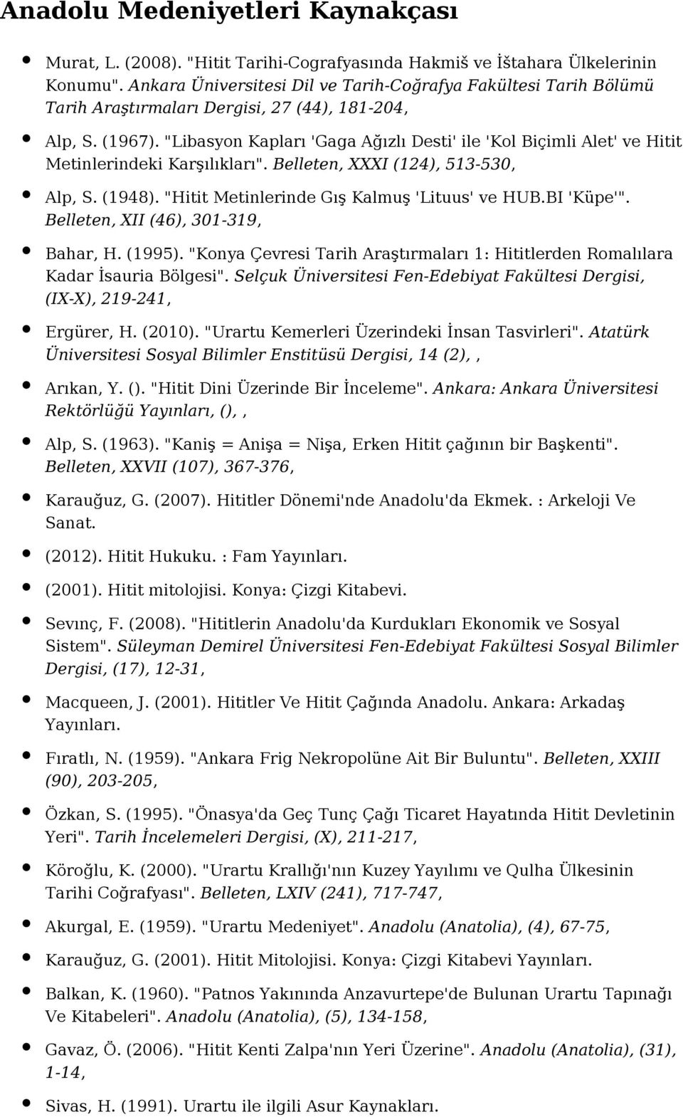 "Libasyon Kapları 'Gaga Ağızlı Desti' ile 'Kol Biçimli Alet' ve Hitit Metinlerindeki Karşılıkları". Belleten, XXXI (124), 513-530, Alp, S. (1948). "Hitit Metinlerinde Gış Kalmuş 'Lituus' ve HUB.