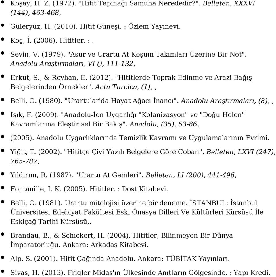 Acta Turcica, (1),, Belli, O. (1980). "Urartular'da Hayat Ağacı İnancı". Anadolu Araştırmaları, (8),, Işık, F. (2009).