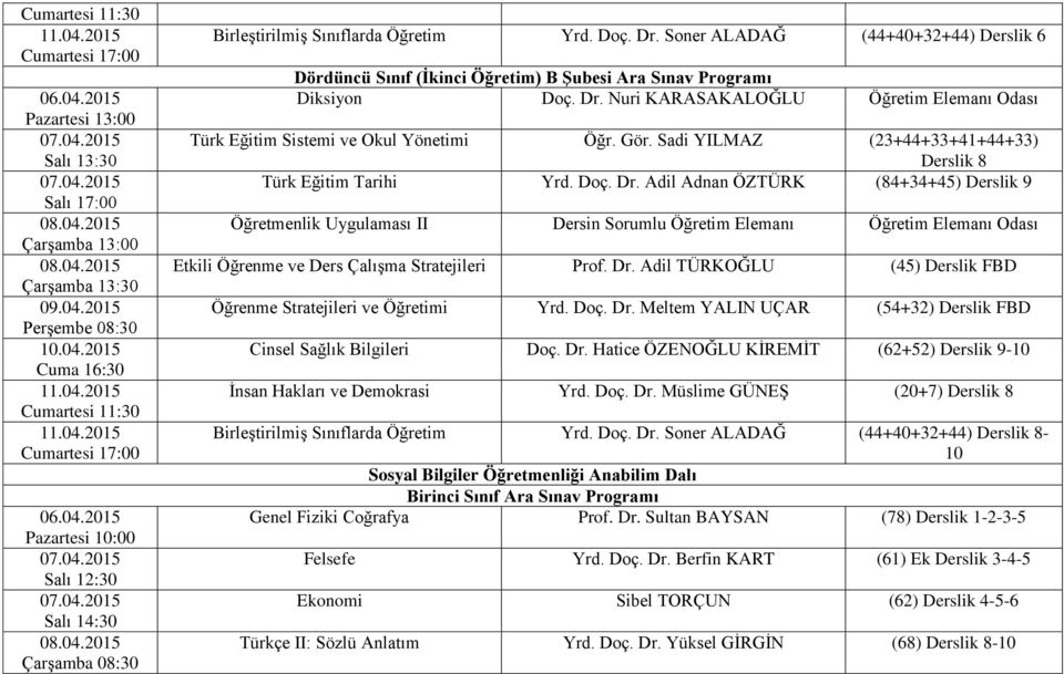 Gör. Sadi YILMAZ (23+44+33+41+44+33) Derslik 8 Türk Eğitim Tarihi Yrd. Doç. Dr.