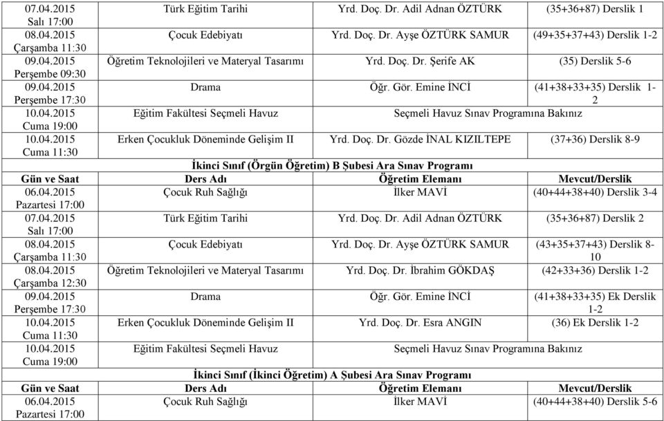 Şerife AK (35) Derslik 5-6 Perşembe 09:30 Perşembe 17:30 Drama Öğr. Gör. Emine İNCİ (41+38+33+35) Derslik 1-2 Eğitim Fakültesi Seçmeli Havuz Erken Çocukluk Döneminde Gelişim II Yrd.