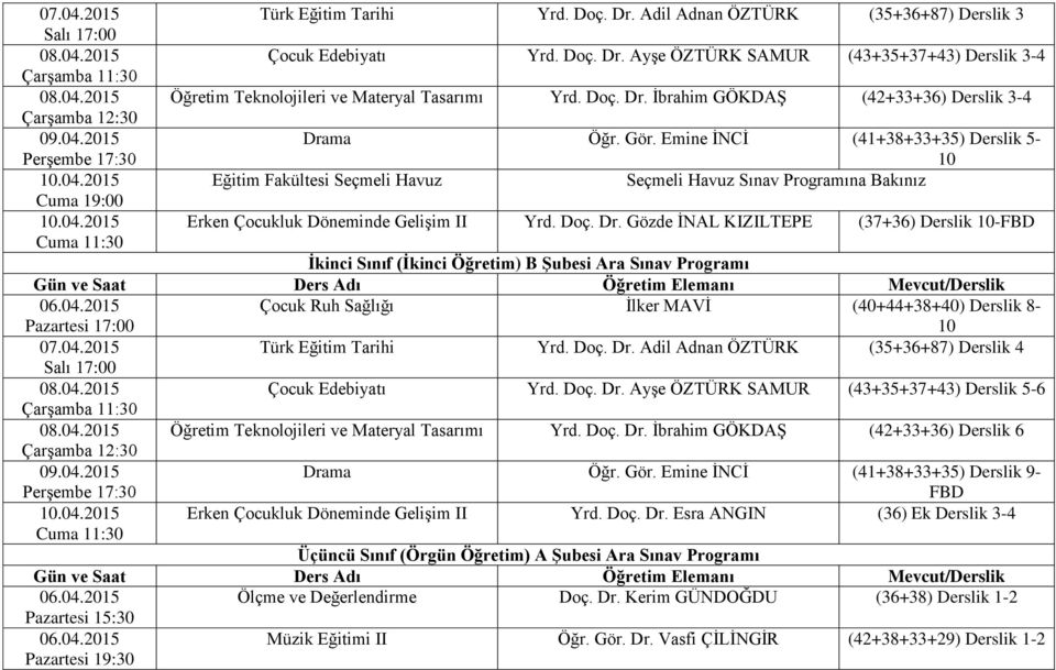 Emine İNCİ (41+38+33+35) Derslik 5-10 Eğitim Fakültesi Seçmeli Havuz Erken Çocukluk Döneminde Gelişim II Yrd. Doç. Dr.