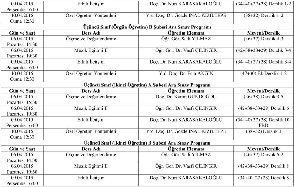 Doç. Dr. Esra ANGIN (47+30) Ek Derslik 1-2 Cuma 12:30 Üçüncü Sınıf (İkinci Öğretim) A Şubesi Ara Sınav Programı Ölçme ve Değerlendirme Doç. Dr. Kerim GÜNDOĞDU (36+38) Derslik 3-5 Pazartesi 15:30 Müzik Eğitimi II Öğr.