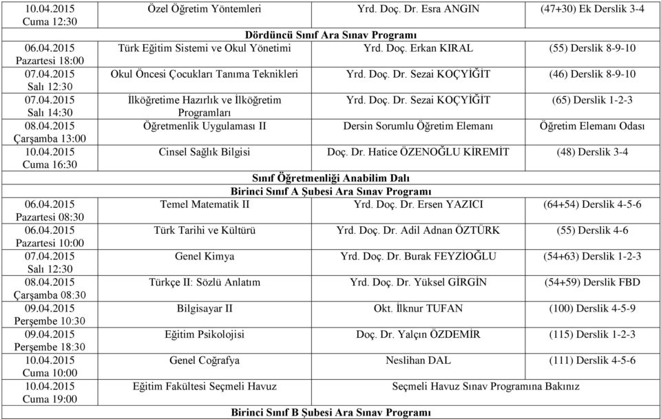 Doç. Dr. Sezai KOÇYİĞİT (46) Derslik 8-9-10 İlköğretime Hazırlık ve İlköğretim Yrd. Doç. Dr. Sezai KOÇYİĞİT (65) Derslik 1-2-3 Programları Öğretmenlik Uygulaması II Dersin Sorumlu Öğretim Elemanı Öğretim Elemanı Odası Cinsel Sağlık Bilgisi Doç.