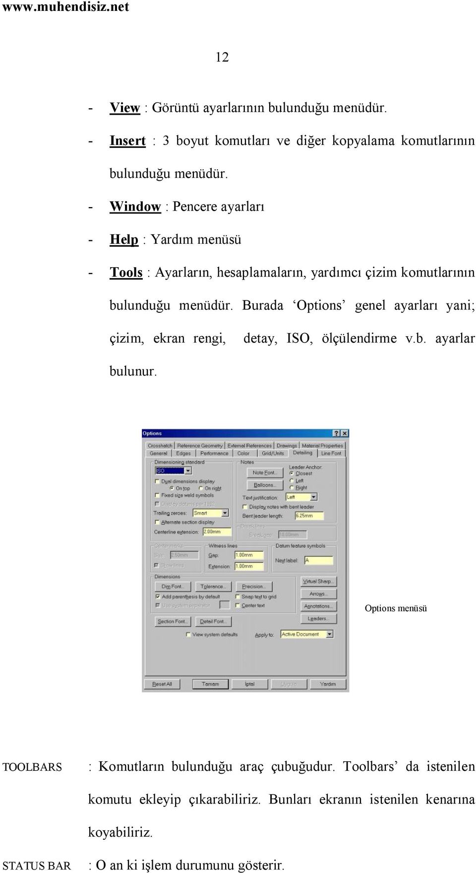 Burada Options genel ayarları yani; çizim, ekran rengi, detay, ISO, ölçülendirme v.b. ayarlar bulunur.