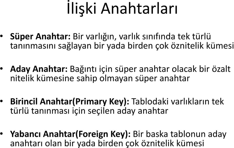 olmayan süper anahtar Birincil Anahtar(Primary Key): Tablodaki varlıkların tek türlü tanınması için seçilen