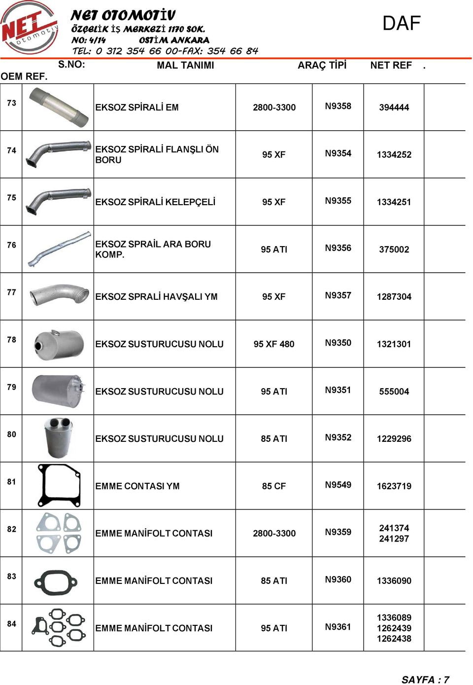 EKSOZ SUSTURUCUSU NOLU 95 ATI N9351 555004 80 EKSOZ SUSTURUCUSU NOLU 85 ATI N9352 1229296 81 EMME CONTASI YM 85 CF N9549 1623719 82 EMME MANİFOLT