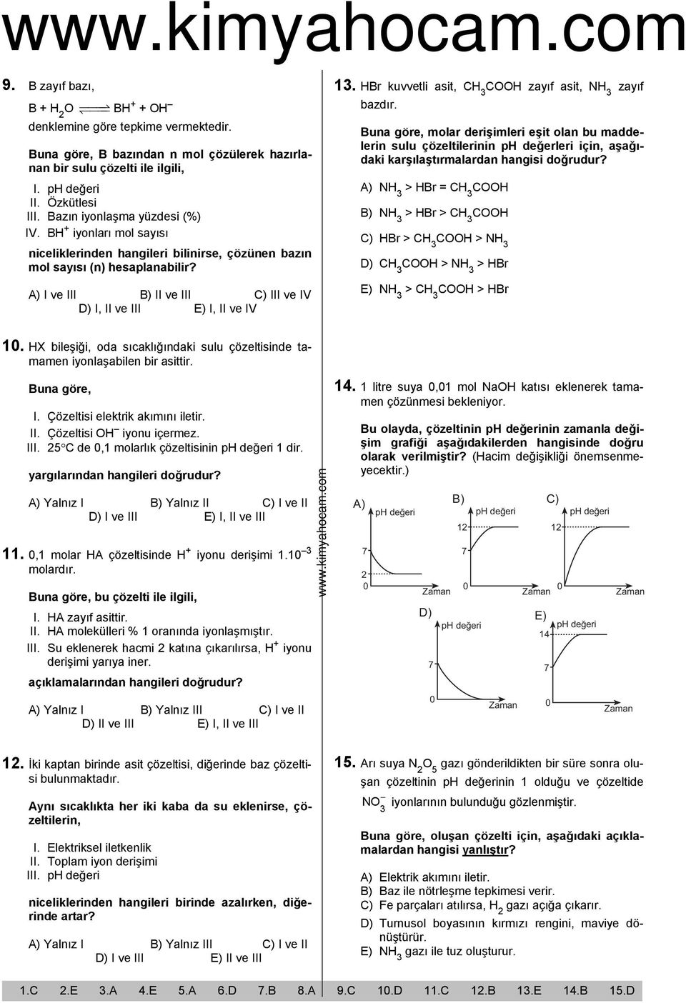 A) I ve III B) II ve III C) III ve IV D) I, II ve III E) I, II ve IV 1. HBr kuvvetli asit, CH CH zayıf asit, NH zayıf bazdır.