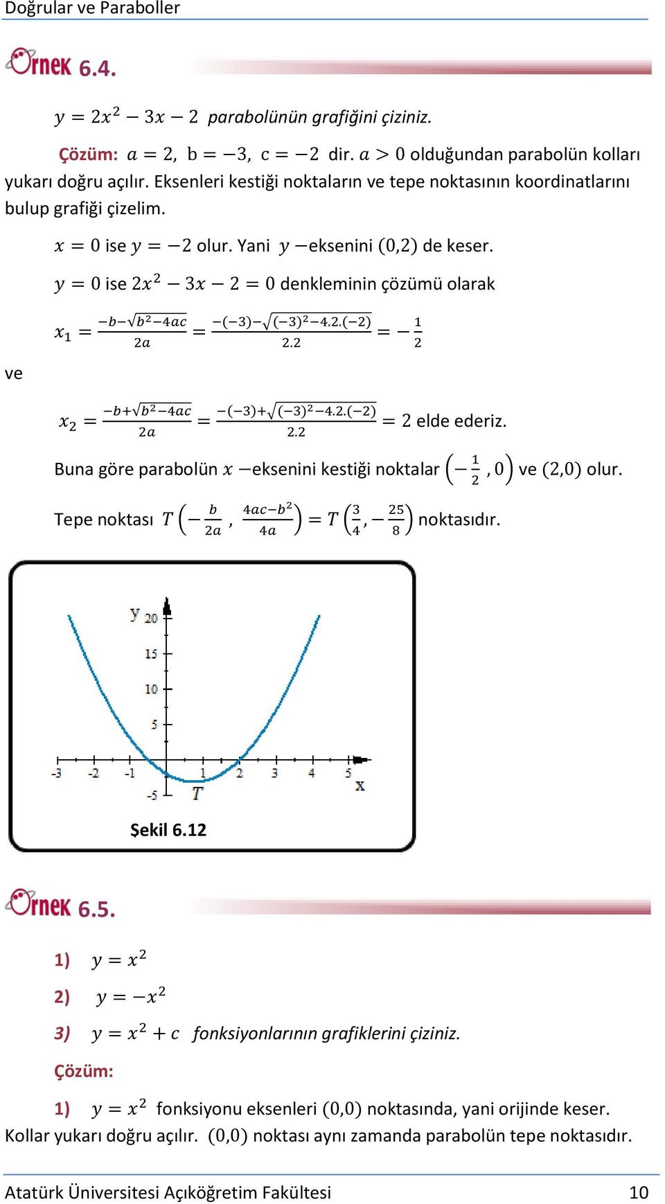 ise denkleminin çözümü olarak ( ) ( ) ( ) ve ( ) ( ) ( ) elde ederiz. Buna göre parabolün eksenini kestiği noktalar ( ) ve ( ) olur.