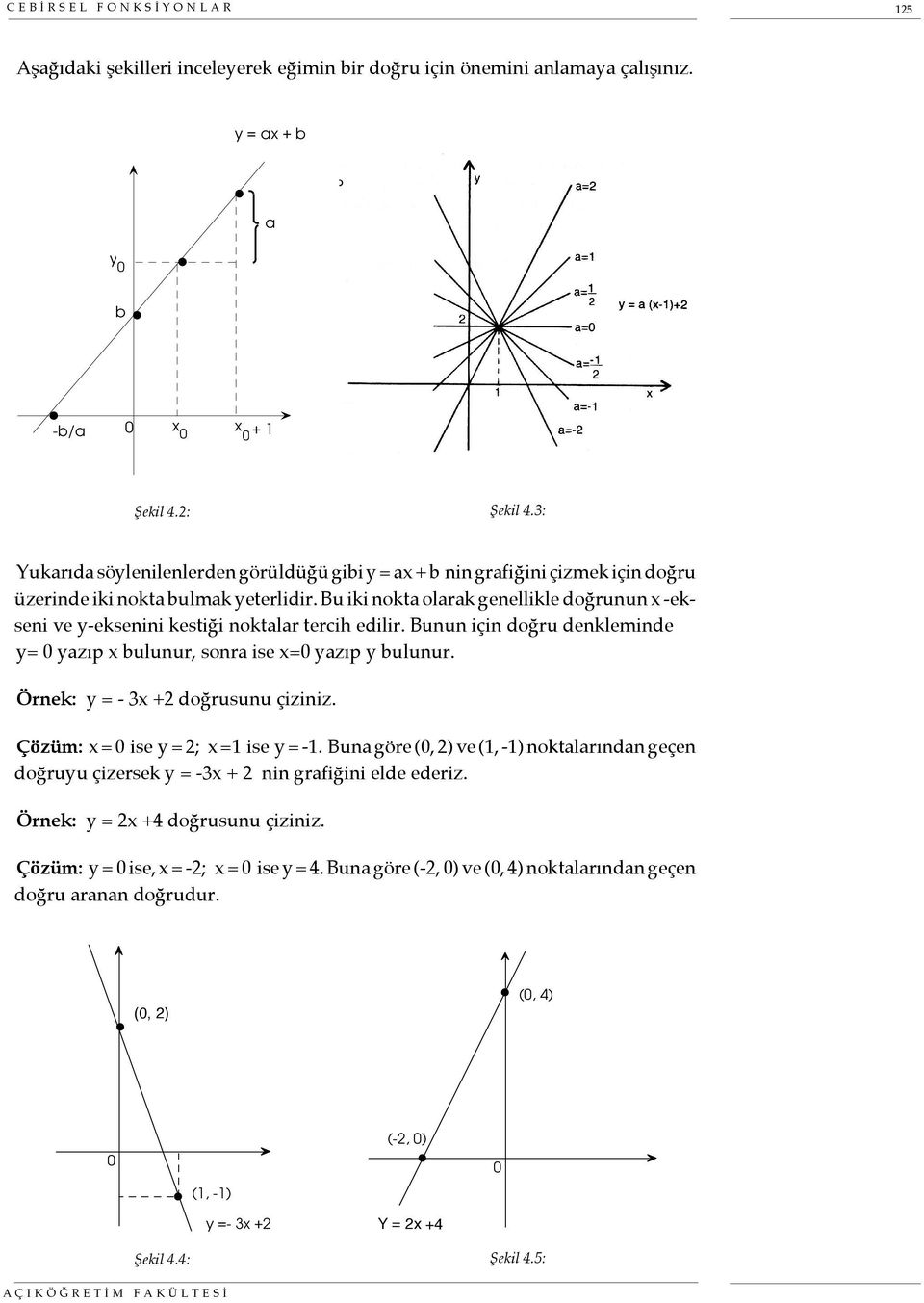 Bu iki nokta olarak genellikle doğrunun x -ekseni ve y-eksenini kestiği noktalar tercih edilir. Bunun için doğru denkleminde y= 0 yazıp x bulunur, sonra ise x=0 yazıp y bulunur.