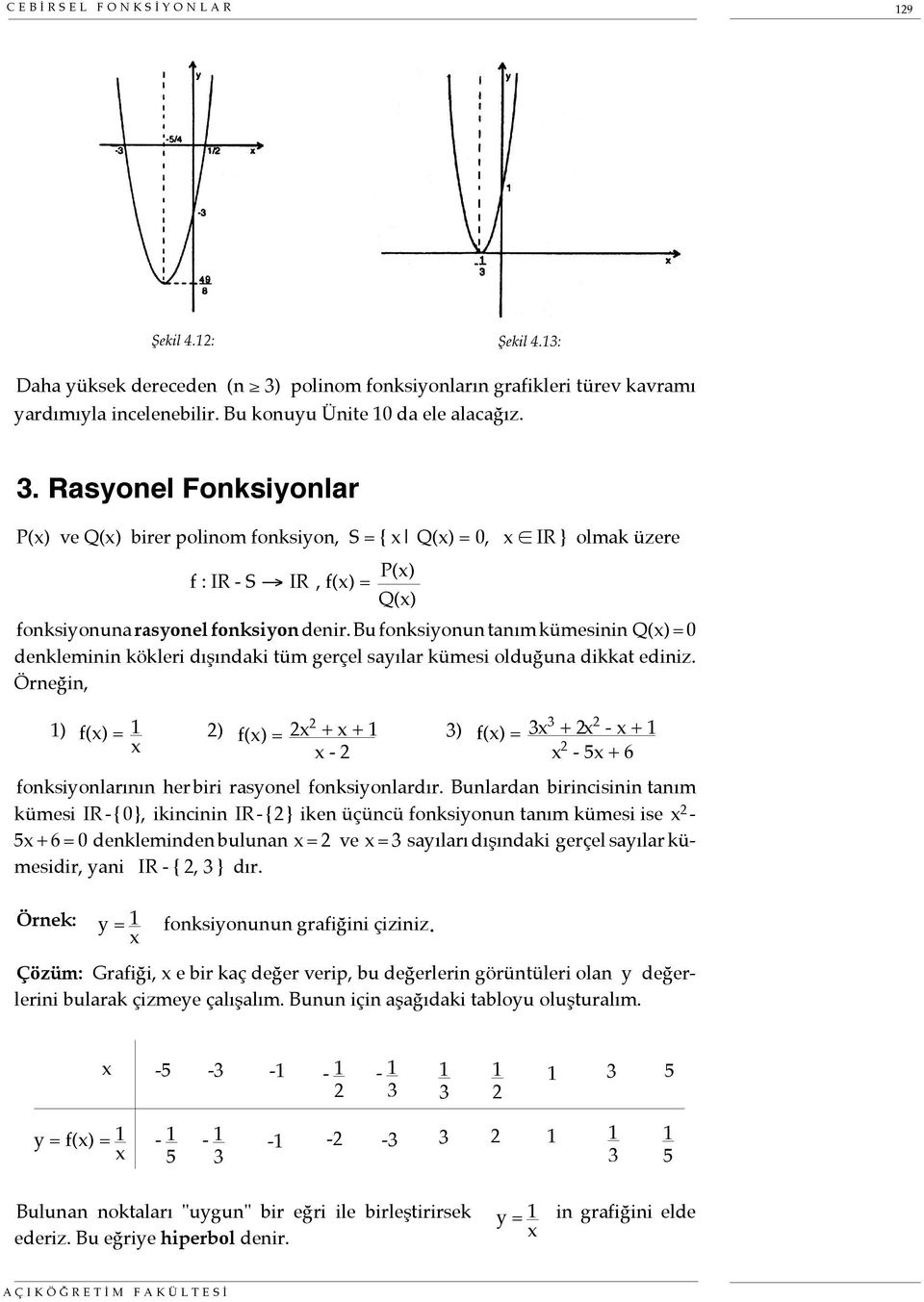 Rasyonel Fonksiyonlar P(x) ve Q(x) birer polinom fonksiyon, S = { x Q(x) = 0, x IR } olmak üzere f : IR - S IR, f(x) = P(x) Q(x) fonksiyonuna rasyonel fonksiyon denir.