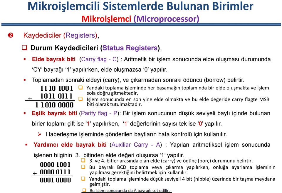 Yandaki toplama işleminde her basamağın toplamında bir elde oluşmakta ve işlem sola doğru gitmektedir.