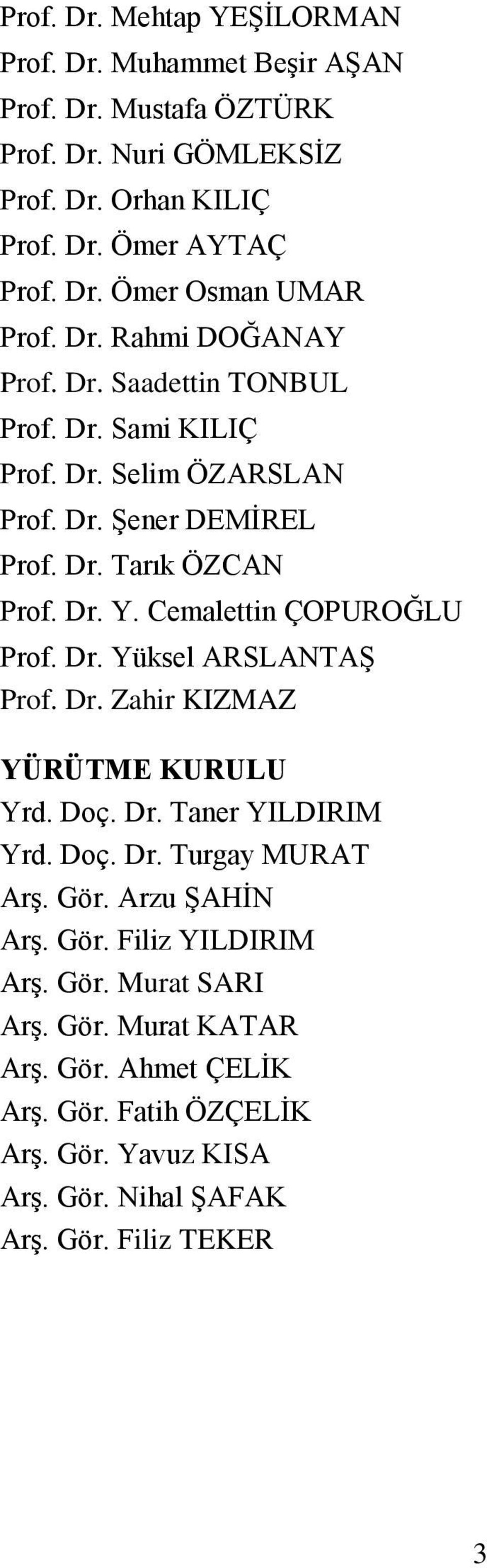 Cemalettin ÇOPUROĞLU Prof. Dr. Yüksel ARSLANTAŞ Prof. Dr. Zahir KIZMAZ YÜRÜTME KURULU Yrd. Doç. Dr. Taner YILDIRIM Yrd. Doç. Dr. Turgay MURAT Arş. Gör. Arzu ŞAHİN Arş.