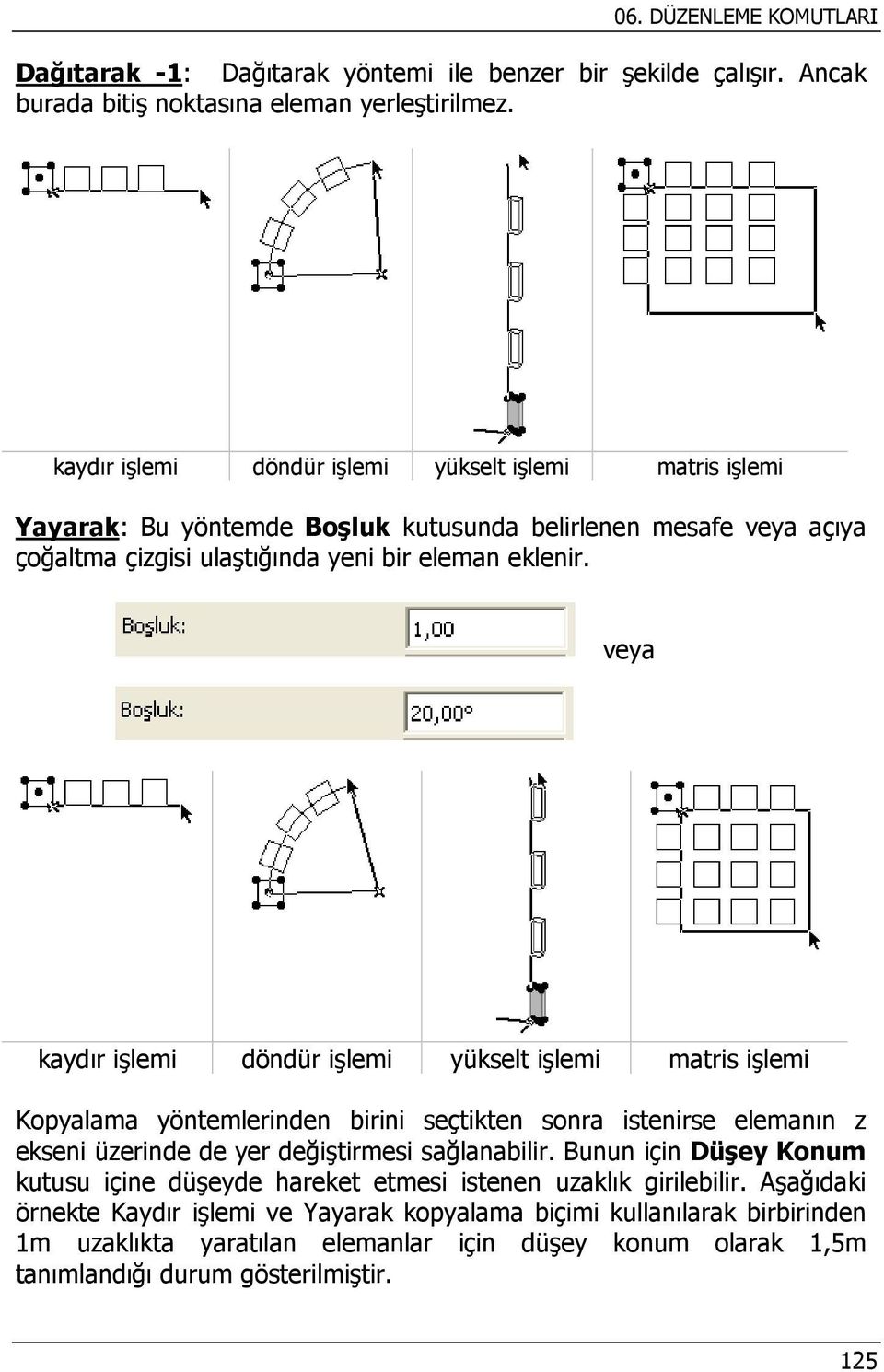 veya kaydır işlemi döndür işlemi yükselt işlemi matris işlemi Kopyalama yöntemlerinden birini seçtikten sonra istenirse elemanın z ekseni üzerinde de yer değiştirmesi sağlanabilir.