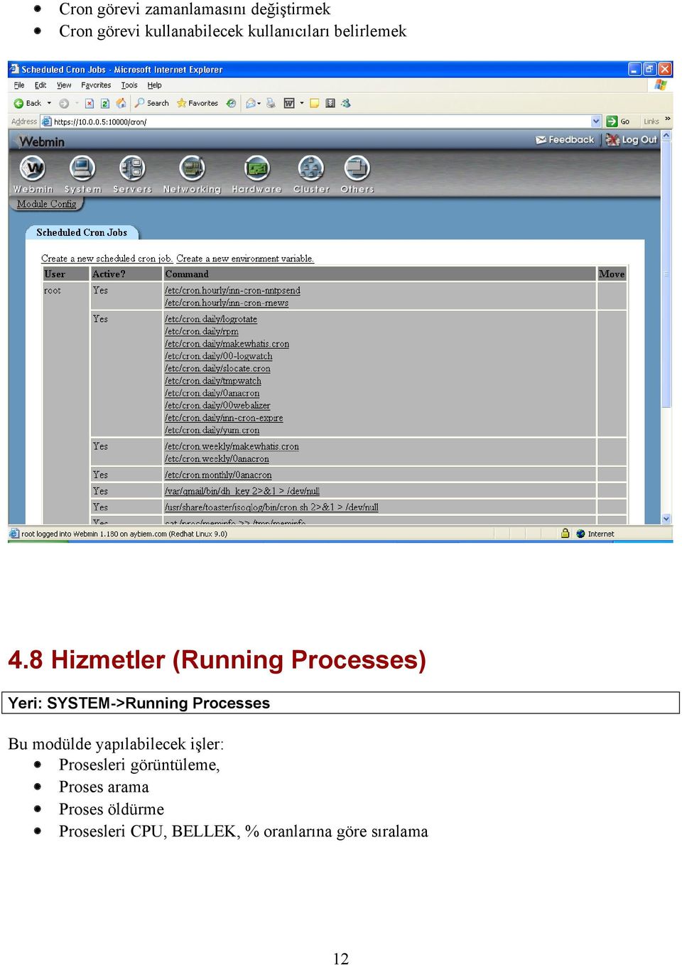 8 Hizmetler (Running Processes) Yeri: SYSTEM->Running Processes