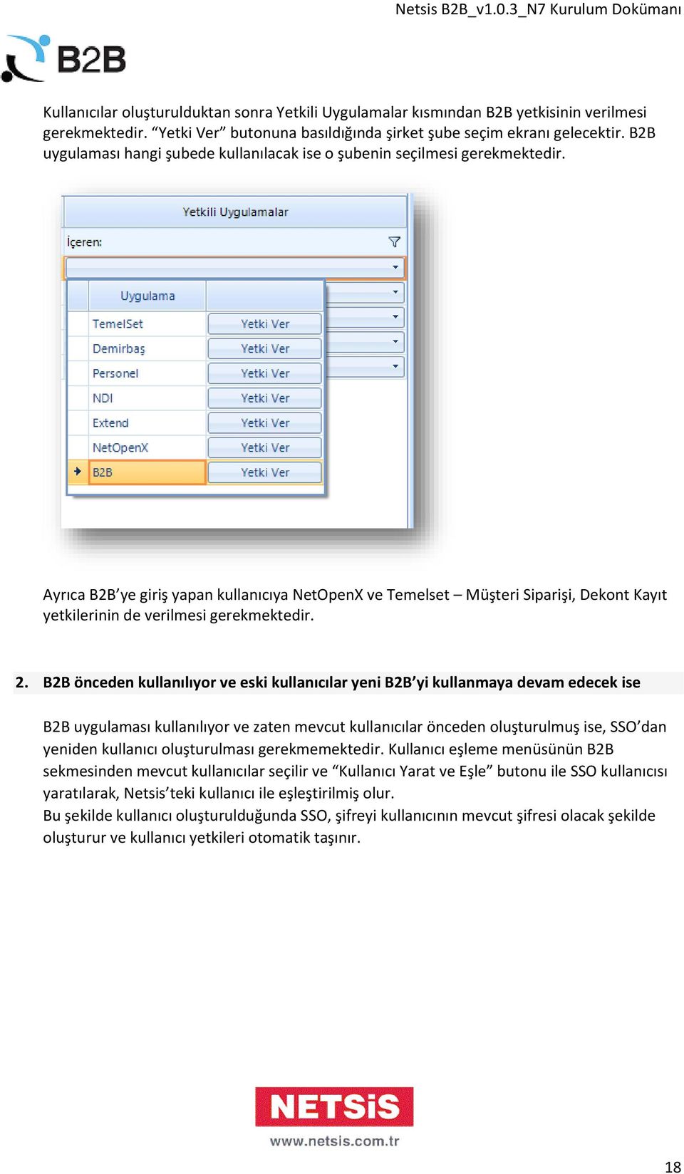 Ayrıca B2B ye giriş yapan kullanıcıya NetOpenX ve Temelset Müşteri Siparişi, Dekont Kayıt yetkilerinin de verilmesi gerekmektedir. 2.