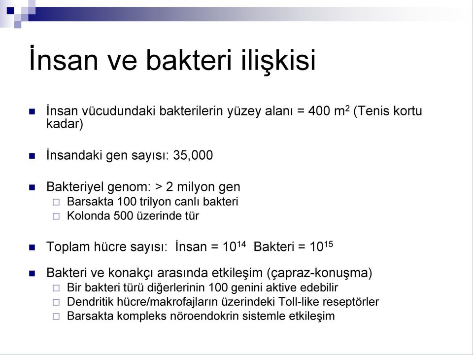 İnsan = 10 14 Bakteri = 10 15 Bakteri ve konakçı arasında etkileşim (çapraz-konuşma) Bir bakteri türü diğerlerinin 100