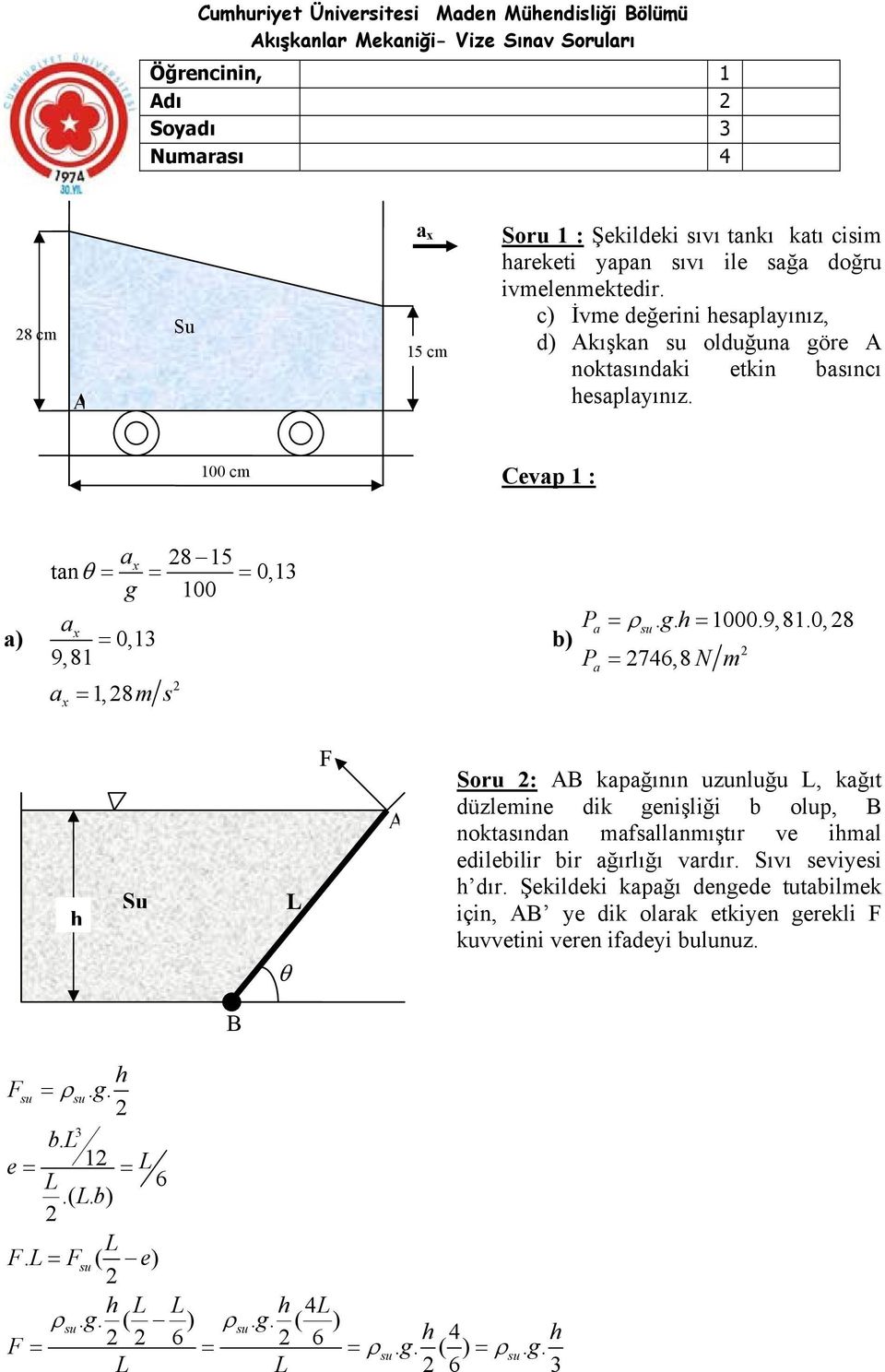 9,8.0,8 b) 76,8 N m a Su θ L F Soru : kapağının uzunluğu L, kağıt düzlemine dik genişliği b olup, noktasından mafsallanmıştır ve imal edilebilir bir ağırlığı vardır. Sıvı seviyesi dır.