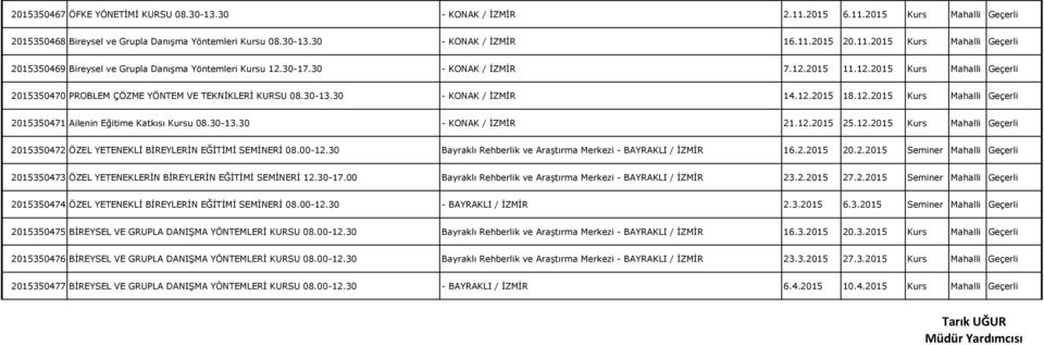 30-13.30 - KONAK / İZMİR 21.12.2015 25.12.2015 Kurs Mahalli Geçerli 2015350472 ÖZEL YETENEKLİ BİREYLERİN EĞİTİMİ SEMİNERİ 08.00-12.30 Bayraklı Rehberlik ve Araştırma Merkezi - BAYRAKLI / İZMİR 16.2.2015 20.