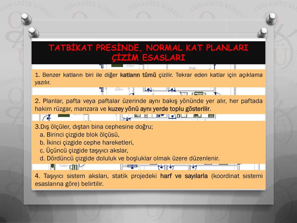 Dış ölçüler, dıştan bina cephesine doğru; a. Birinci çizgide blok ölçüsü, b. İkinci çizgide cephe hareketleri, c. Üçüncü çizgide taşıyıcı akslar, d.