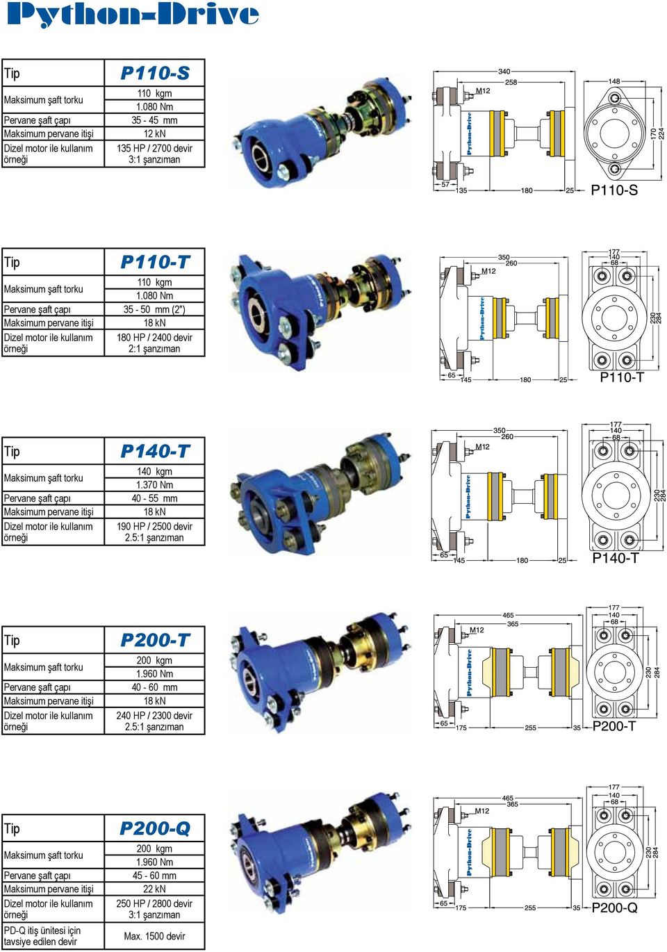 370 Nm 40-55 mm 18 kn 190 HP / 2500 devir 2.5:1 şanzıman P200-T 200 kgm 1.