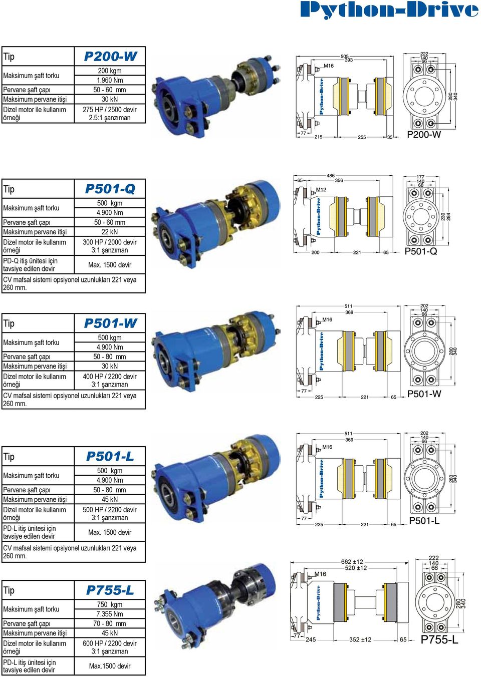 900 Nm 50-80 mm 30 kn 400 HP / 2200 devir CV mafsal sistemi opsiyonel uzunlukları 221 veya 260 mm. PD-L itiş ünitesi için P501-L 500 kgm 4.