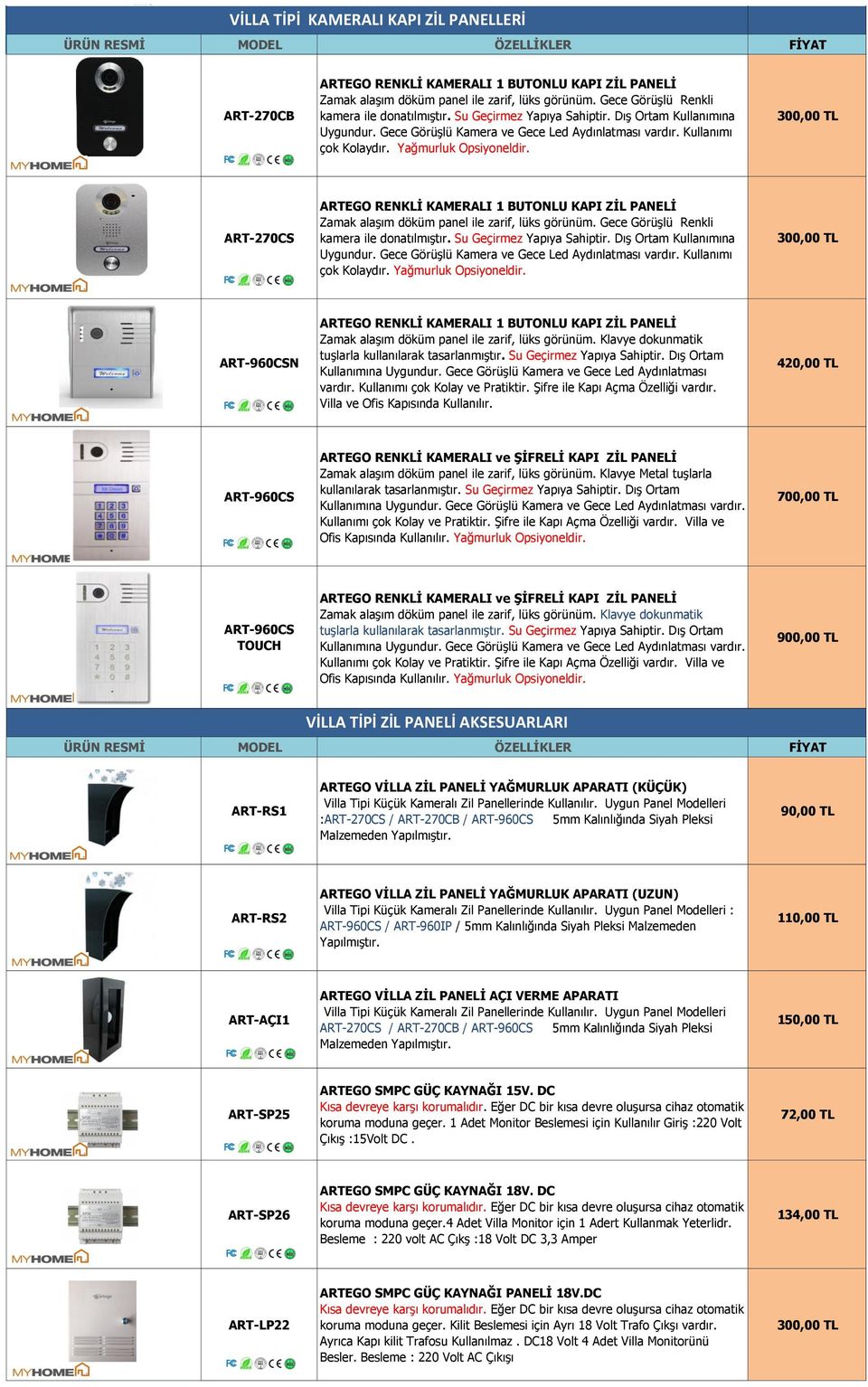 ART-270CS ARTEGO RENKLİ KAMERALI 1 BUTONLU KAPI ZİL PANELİ Zamak alaşım döküm panel ile zarif, lüks görünüm. Gece Görüşlü Renkli kamera ile donatılmıştır.