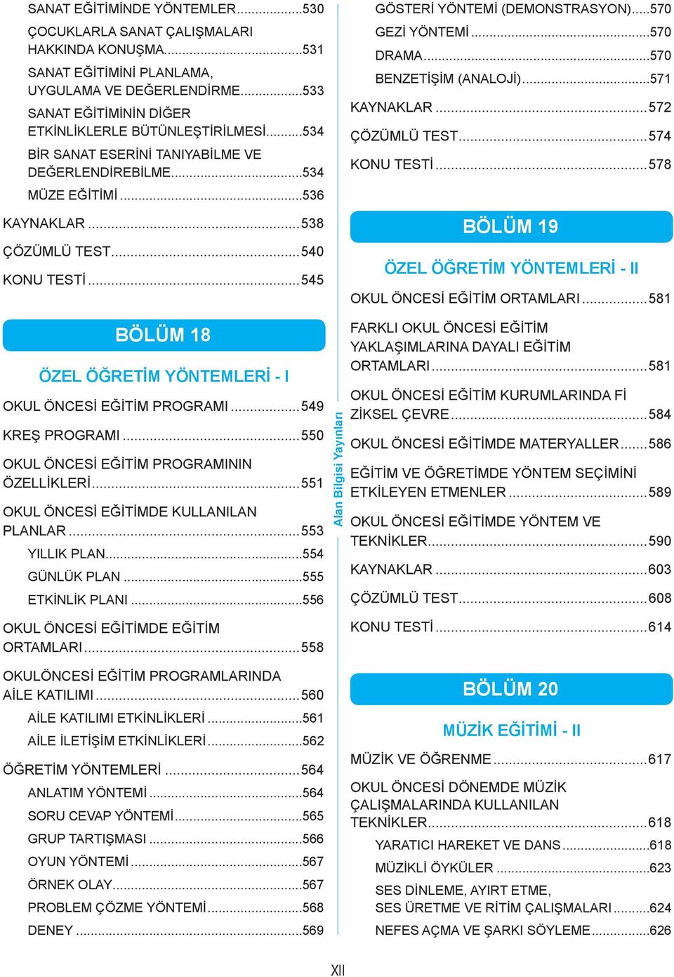 ..570 BENZETİŞİM (ANALOJİ)...571 KAYNAKLAR...572 ÇÖZÜMLÜ TEST...574 KONU TESTİ...578 BÖLÜM 19 ÖZEL ÖĞRETİM YÖNTEMLERİ - II OKUL ÖNCESİ EĞİTİM ORTAMLARI.