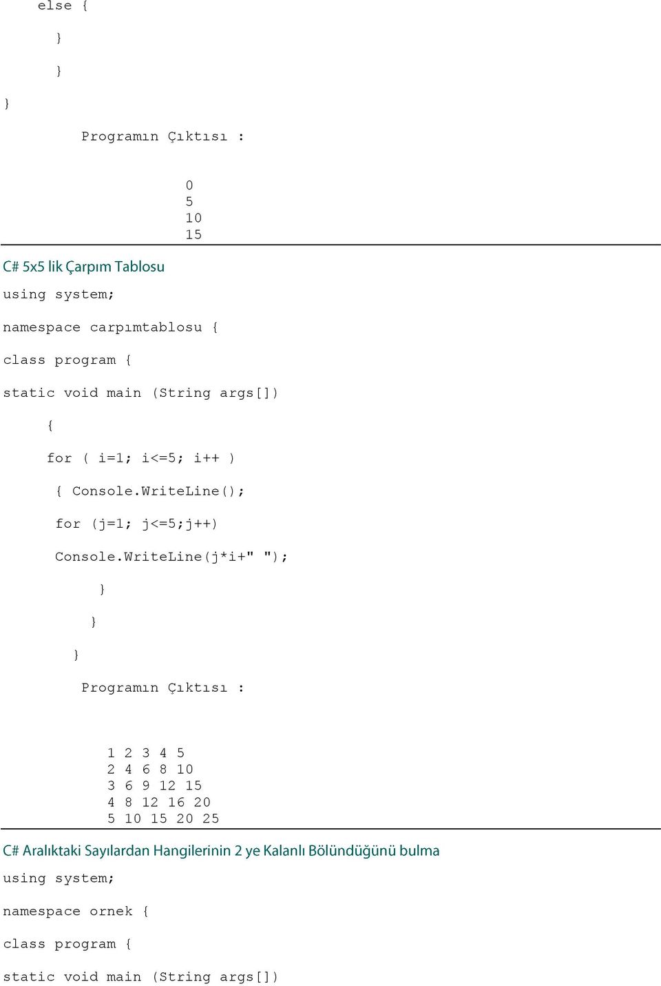 WriteLine(); for (j=1; j<=5;j++) Console.