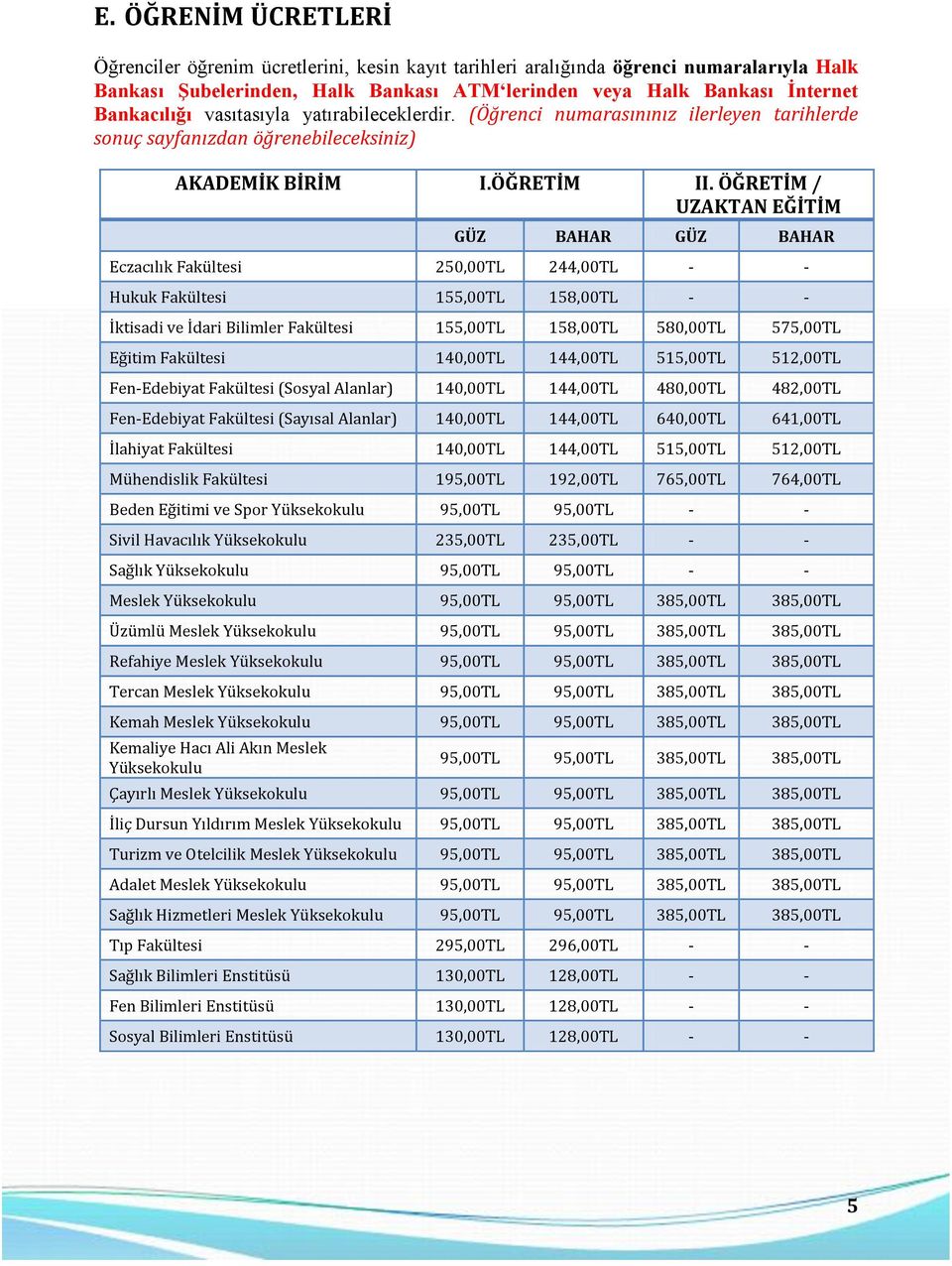 ÖĞRETİM / UZAKTAN EĞİTİM GÜZ BAHAR GÜZ BAHAR Eczacılık Fakültesi 250,00TL 244,00TL - - Hukuk Fakültesi 155,00TL 158,00TL - - İktisadi ve İdari Bilimler Fakültesi 155,00TL 158,00TL 580,00TL 575,00TL