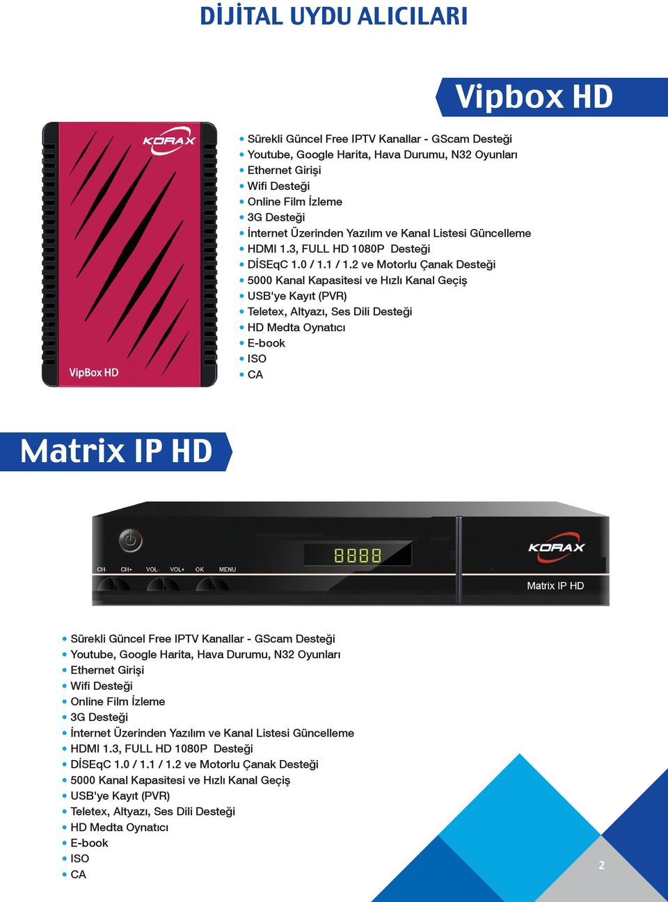 2 ve Motorlu Çanak Desteği 5000 Kanal Kapasitesi ve Hızlı Kanal Geçiş USB'ye Kayıt (PVR) Teletex, Altyazı, Ses Dili Desteği HD Medta Oynatıcı E-book ISO CA Vipbox HD Matrix IP HD Sürekli Güncel Free