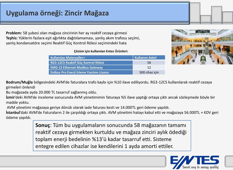Modbus Gateway 12 Entbus Pro Enerji İzleme Yazılımı Lisansı 500 cihaz için Bodrum/Muğla bölgesindeki AVM de faturalara trafo kaybı için %10 ilave ediliyordu.