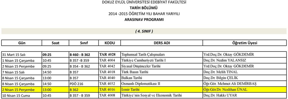 Nedim YALANSIZ 2 Nisan 15 Perşembe 09:25 B 354 - B 362 TAR 4042 Siyasal Düşünceler Tarihi Yrd.Doç.Dr. Oktay GÖKDEMİR 7 Nisan 15 Salı 14:50 B 357 TAR 4018 Türk Basın Tarihi Doç.Dr. Melih TINAL 8 Nisan 15 Çarşamba 13:00 B 357 TAR 4040 Balkan Tarihi Doç.