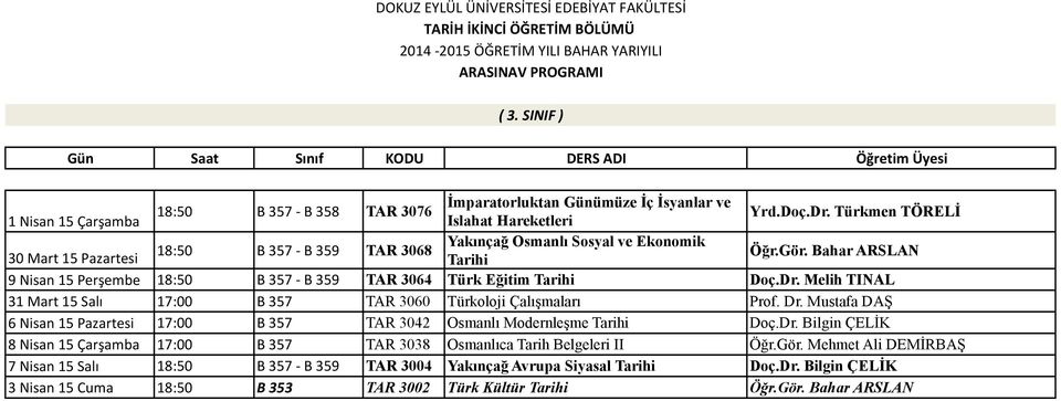 Bahar ARSLAN 9 Nisan 15 Perşembe 18:50 B 357 - B 359 TAR 3064 Türk Eğitim Tarihi Doç.Dr. Melih TINAL 31 Mart 15 Salı 17:00 B 357 TAR 3060 Türkoloji Çalışmaları Prof. Dr.