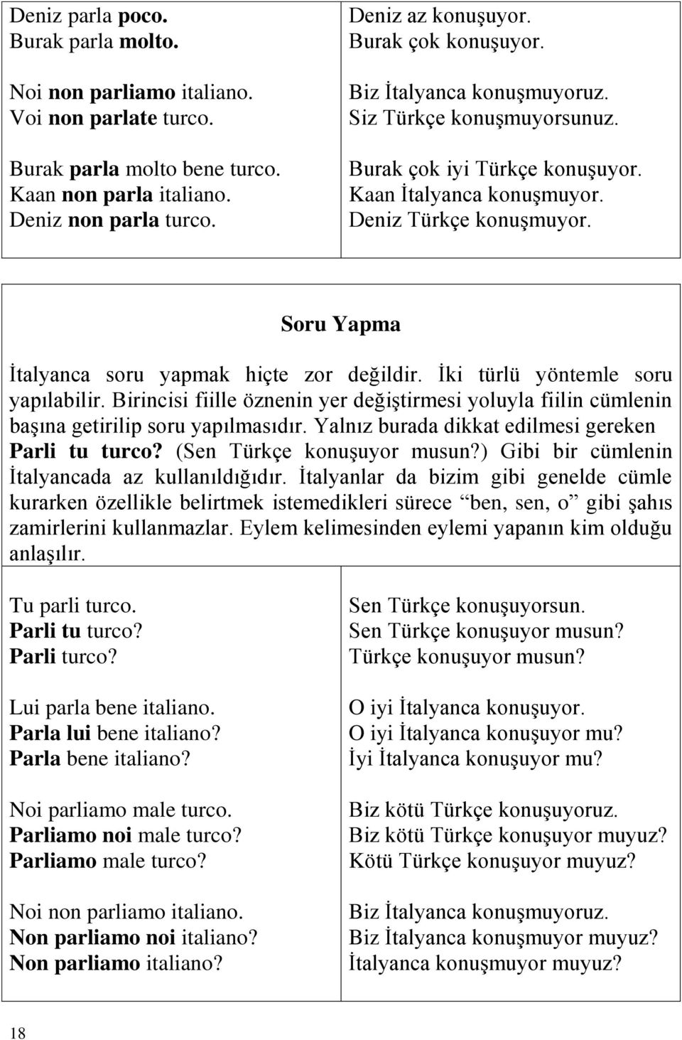 Soru Yapma İtalyanca soru yapmak hiçte zor değildir. İki türlü yöntemle soru yapılabilir. Birincisi fiille öznenin yer değiştirmesi yoluyla fiilin cümlenin başına getirilip soru yapılmasıdır.